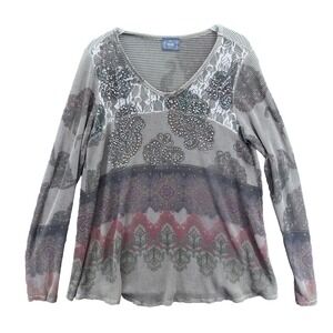 Vocal Womens Long Sleeve Top Size XL Sheer Mesh Rhinestone‎ Embellished Floral